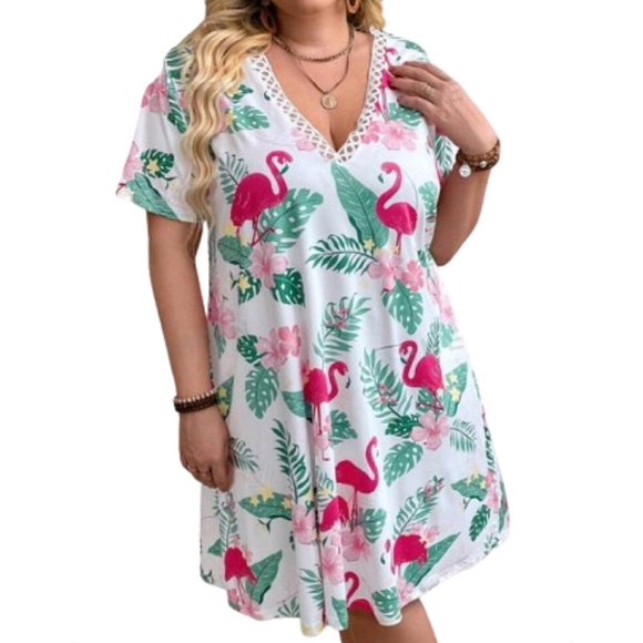 PRETTY PINK FLAMINGOS ☆ LACE TRIMMED ☆ LOUNGE DRESS ☆ NWT - Picture 2 of 7